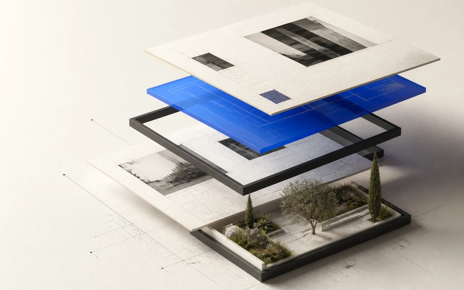 Maquette 3D éditoriale composée de plans, de verre bleu et d’un jardin miniature